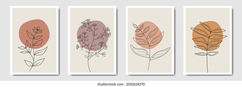 Botanical wall art vector set,  Tropical Foliage line art drawing with leaf abstract shape, Bohemian style wall decor collection, Minimal plant art for print, social media, cover, wallpaper.