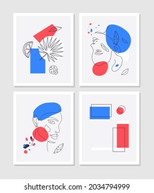 Conjunto de vectores de arte mural botánico. Dibujo artístico de línea de follaje con forma abstracta. Resumen Diseño de arte vegetal para impresión, cubierta, papel pintado, arte de pared mínimo y natural. Ilustración vectorial.