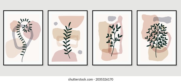 Botanical wall art vector set. Foliage line art drawing with abstract shape.  Abstract Plant Art design for print, cover, wallpaper, Minimal and  natural wall art. Vector illustration.