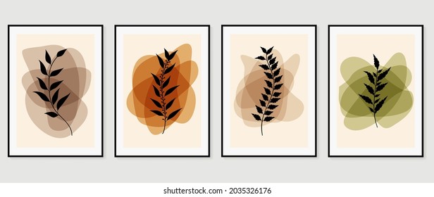 Botanical wall art vector set. Foliage line art drawing with abstract shape.  Abstract Plant Art design for print, cover, wallpaper, Minimal and  natural wall art. Vector illustration.