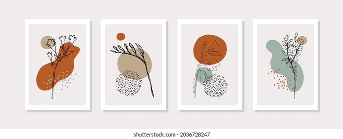 Botanical wall art vector set with abstract geometric shapes, meadow foliage line art drawing, minimal doodles. Contemporary poster for minimal print, boho wall decor, flat design Vector minimal art