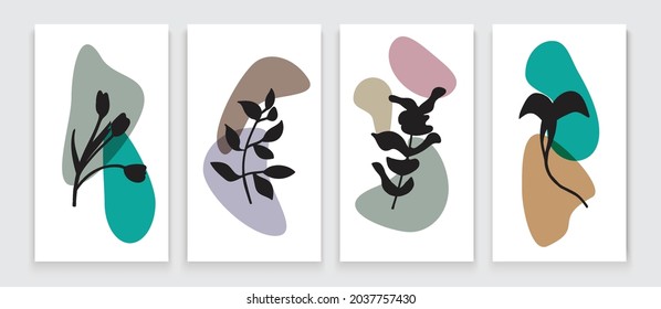 Botanical wall art vector set. Tropical Foliage line art drawing with abstract shape. Abstract Plant Art design for print, cover, wallpaper, Minimal and natural wall art. Vector illustration.