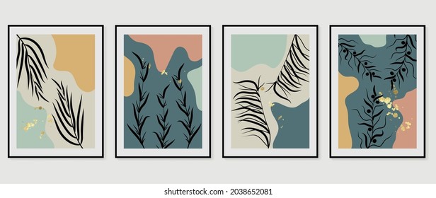 Botanical wall art vector set. Earth tone boho foliage line art drawing with  abstract shape.  Abstract Plant Art design for print, cover, wallpaper, Minimal and  natural wall art.
