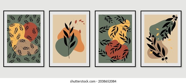 Botanische Wandkunst, Vektorset. Erdton boho Blattlinie Zeichnung mit abstrakter Form.  Abstraktes Pflanzendesign für Druck, Deckel, Tapeten, Minimale und natürliche Wandkunst.
