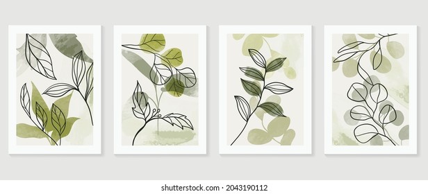 Botanical wall art vector set. Water color boho foliage line art drawing with  abstract shape.  Abstract Plant Art design for print, cover, wallpaper, Minimal and  natural wall art.