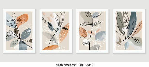 Botanical wall art vector set. Water color boho foliage line art drawing with  abstract shape.  Abstract Plant Art design for print, cover, wallpaper, Minimal and  natural wall art.