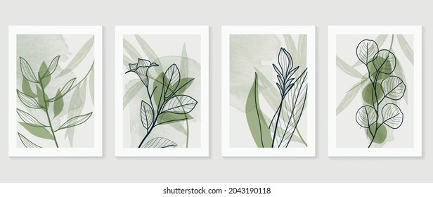 Botanical wall art vector set. Water color boho foliage line art drawing with  abstract shape.  Abstract Plant Art design for print, cover, wallpaper, Minimal and  natural wall art.