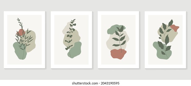 Botanical wall art vector set. Foliage line art drawing with abstract shape.  Abstract Plant Art design for print, cover, wallpaper, Minimal and  natural wall art. Vector illustration.