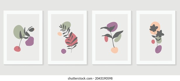 Botanical wall art vector set. Foliage line art drawing with abstract shape.  Abstract Plant Art design for print, cover, wallpaper, Minimal and  natural wall art. Vector illustration.