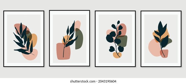 Botanical wall art vector set. Foliage line art drawing with abstract shape.  Abstract Plant Art design for print, cover, wallpaper, Minimal and  natural wall art. Vector illustration.