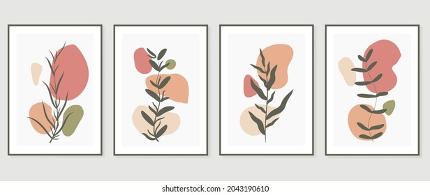 Botanical wall art vector set. Foliage line art drawing with abstract shape.  Abstract Plant Art design for print, cover, wallpaper, Minimal and  natural wall art. Vector illustration.