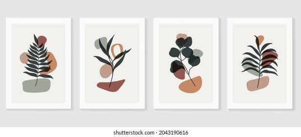 Botanical wall art vector set. Foliage line art drawing with abstract shape.  Abstract Plant Art design for print, cover, wallpaper, Minimal and  natural wall art. Vector illustration.