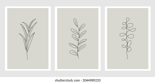 Botanische Wandkunst, Vektorset. Kunstzeichnung der Blattlinie. Abstraktes Pflanzendesign für Druck, Deckel, Tapeten, Minimale und natürliche Wandkunst. Vektorgrafik. EPS10