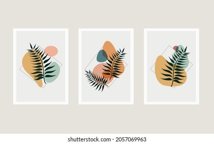 Botanische Wandkunst, Vektorset. Kunstzeichnung der Blattlinie mit abstrakter Form. 
Minimale und natürliche Wandkunst, Abstrakte Pflanzenkunst für Druck, Deckel, Tapeten. Vektorgrafik.