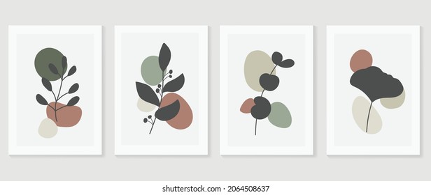 Conjunto de vectores de arte mural botánico. Dibujo artístico de línea de follaje con forma abstracta. Resumen Diseño de arte vegetal para impresión, cubierta, papel pintado, arte de pared mínimo y natural. Ilustración vectorial.