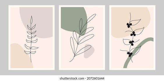 Conjunto de vectores de arte mural botánico. Dibujo artístico de línea de follaje con forma abstracta. Dibujar a mano Diseño de formas orgánicas para impresiones enmarcadas en pared, impresiones de lienzo. Muros de arte mínimo y natural. Ilustración vectorial.