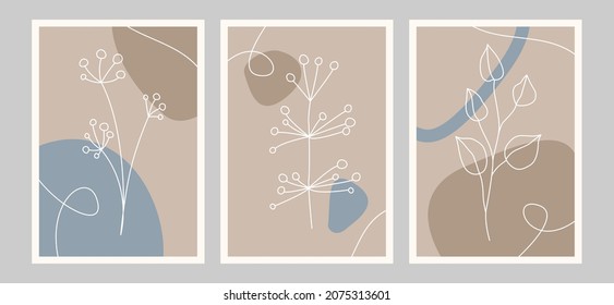 Botanical wall art vector set. Foliage line art drawing with abstract shape. Abstract Plant Art design for print, cover, wallpaper, Minimal and natural wall art. Vector illustration.