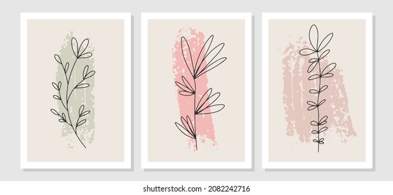 Botanische Wandkunst, Vektorset. Kunstzeichnung der Blattlinie mit abstrakter Form. Abstraktes Pflanzendesign für Druck, Deckel, Tapeten, Minimale und natürliche Wandkunst. Vektorgrafik.
