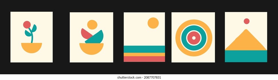 Botanical wall art vector set. Flowerpot sun, river, mountains, bowls, summer tubes with abstract shape for print, cover, wallpaper, Minimal and natural wall art. Vector illustration.