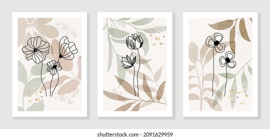 Botanical wall art vector set. Water color boho foliage line art drawing with  abstract shape.  Abstract Plant Art design for print, cover, wallpaper, Minimal and  natural wall art.