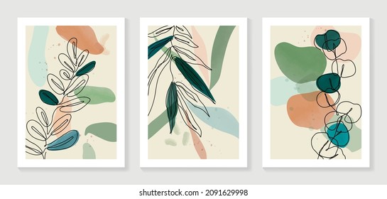 Botanical wall art vector set. Water color boho foliage line art drawing with  abstract shape.  Abstract Plant Art design for print, cover, wallpaper, Minimal and  natural wall art.