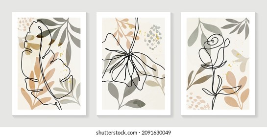 Botanical wall art vector set. Water color boho foliage line art drawing with  abstract shape.  Abstract Plant Art design for print, cover, wallpaper, Minimal and  natural wall art.