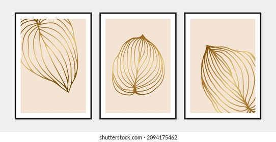 Conjunto de vectores de arte mural botánico. Dibujo de la línea de follaje dorado. Resumen
