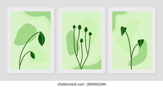 Botanical wall art vector set. Foliage drawing with abstract shapes. Abstract plant art design for print, cover, wallpaper, wall art. Vector illustration.