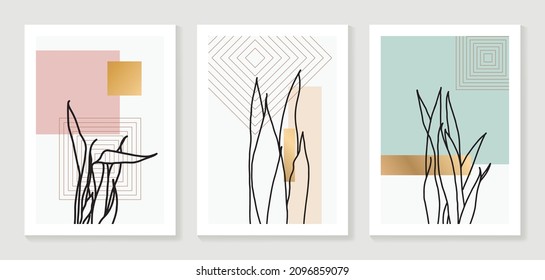 Botanical wall art vector set. Water color boho foliage line art drawing with  abstract shape.  Abstract Plant Art design for print, cover, wallpaper, Minimal and  natural wall art.