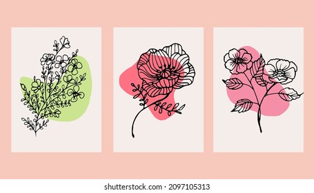 Botanical wall art vector set. Artistic drawing of the flowers line with an abstract shape of different colors.