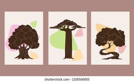 Botanical wall art vector set. Tree art drawing with abstract shape. Abstract Plant Art design for print, cover, wallpaper, Minimal and natural wall art background.