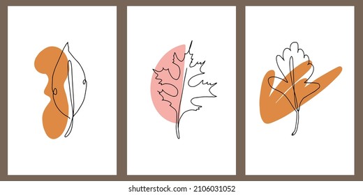 Botanische Wandkunst, Vektorset. Linienzeichnung des Blattwerks mit abstrakter Form. Abstraktes Pflanzendesign für Drucke, Decken, Wallpaper, minimalistische und natürliche Wandbilder. Vektorgrafik.