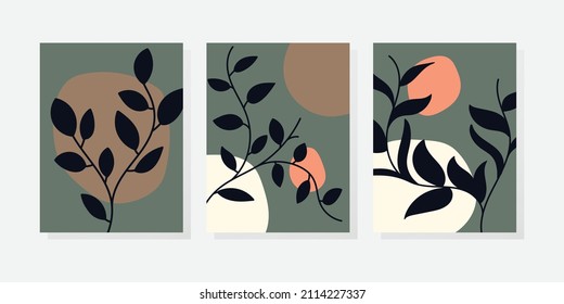 Botanical wall art vector set. Boho earth tone drawing line art with abstract shapes. Abstract Plant Art Designs for prints, covers, wallpapers, Minimal and natural wall art.