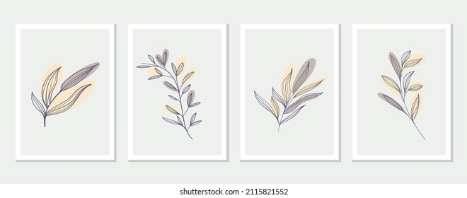 Botanical wall art vector set. Foliage line drawing with abstract shape. Abstract Plant Art Design for Print, Cover, Wallpaper, Minimal and Natural Wall Art. Vector illustration.
