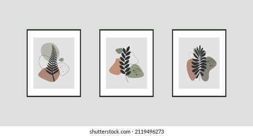 Botanische Wandkunst, Vektorset. Erdton boho Blattlinie Zeichnung mit abstrakter Form. Abstraktes Pflanzendesign für Druck, Deckel, Tapeten, Minimale und natürliche Wandkunst.
