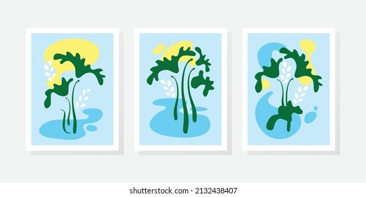 Conjunto de vectores de arte mural botánico. Dibujo de líneas de follaje dorado con acuarela. Resumen Diseño de arte vegetal para impresiones enmarcadas en la pared, impresiones de lona, afiche, decoración casera, cubierta, papel pintado.