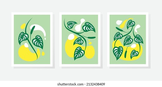 Botanical wall art vector set. Golden foliage line art drawing with watercolor. Abstract Plant Art design for wall framed prints, canvas prints, poster, home decor, cover, wallpaper.