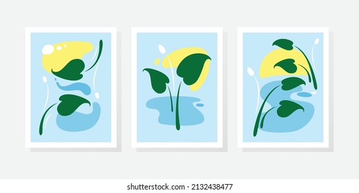 Botanical wall art vector set. Golden foliage line art drawing with watercolor. Abstract Plant Art design for wall framed prints, canvas prints, poster, home decor, cover, wallpaper.