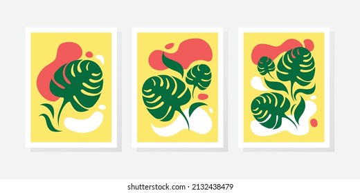 Botanical wall art vector set. Golden foliage line art drawing with watercolor. Abstract Plant Art design for wall framed prints, canvas prints, poster, home decor, cover, wallpaper.
