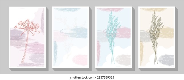 Botanical wall art vector set. Bohemian line art drawing with abstract shape. Colorful geometric background, vector illustration.