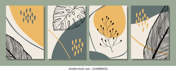 Botanical wall art vector set. Retro tone boho foliage line art drawing with abstract shape.