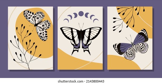 Botanical wall art vector set. Retro tone boho foliage line art drawing with abstract shape and butterflies.
