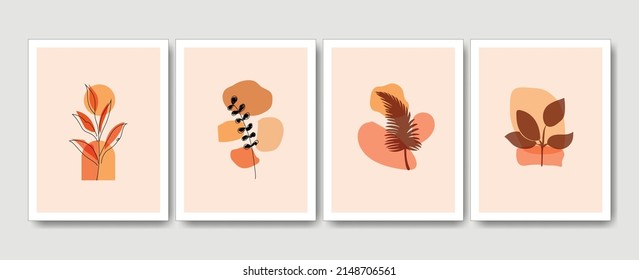 Botanical wall art vector set. This art is formed from basic shapes, plants, and solid colors. This design can be used for print, cover, wallpaper, and others.
