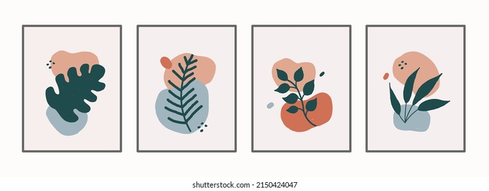 Conjunto de vectores de arte mural botánico. Mural minimalista y natural. Dibujo de líneas de boho con forma abstracta. 