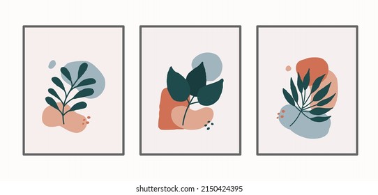 Conjunto de vectores de arte mural botánico. Mural minimalista y natural. Dibujo de líneas de boho con forma abstracta. 