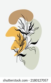 Conjunto de vectores de arte mural botánico. dibujo de línea de boho Foliage con forma abstracta. Resumen Diseño de arte vegetal para la impresión, cubierta, papel pintado, arte de pared mínimo y natural.