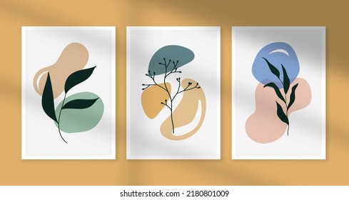 Conjunto de vectores de arte mural botánico. Dibujo artístico de línea de follaje con forma abstracta. Resumen Diseño de arte vegetal para la impresión, cubierta, papel pintado, ilustración de arte de pared mínimo y natural vectorial