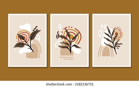 Botanical wall art vector set. Floral and Foliage line art drawing with abstract shapes. Abstract Plant Art design for print, cover, wallpaper, minimal, and natural wall art. Vector illustration.