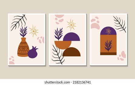 Conjunto de vectores de arte mural botánico. Una línea folicular es un dibujo con una forma abstracta. Resumen Diseño de arte vegetal para la impresión, cubierta, papel pintado, mínimo y natural. Ilustración vectorial.