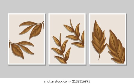 Botanical wall art vector set. Golden foliage line art drawing with watercolor. Abstract Plant Art design for wall framed prints, canvas prints, poster, home decor, cover, wallpaper.
